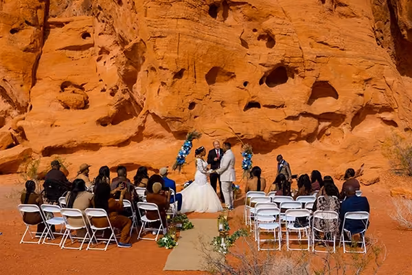Wedding arch and seating setup at Seven Sisters, Valley of Fire
