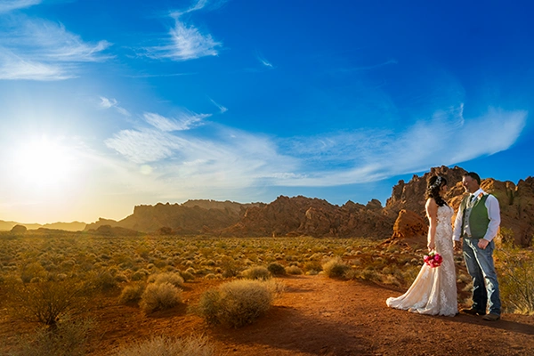 Bride and groom at the Seven Sisters in warm evening light, Valley of Fire State Park