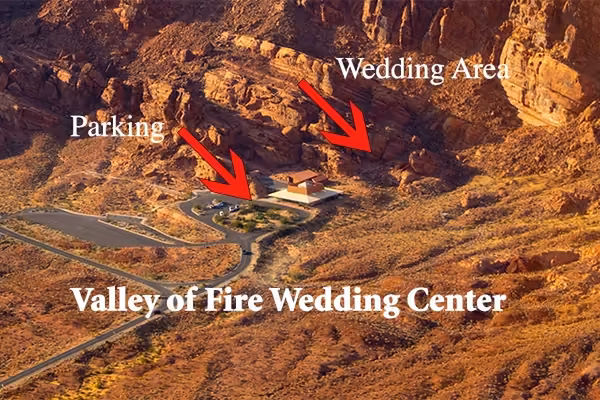 Aerial photograph showing the open-air Wedding Center venue inside Valley of Fire State Park with its natural stone seating area