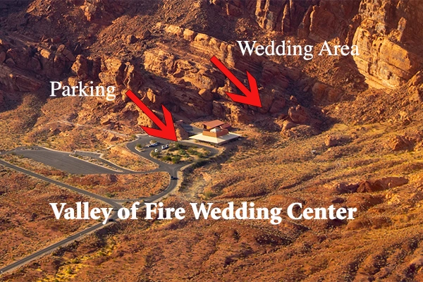 Aerial photograph showing the open-air Wedding Center venue inside Valley of Fire State Park with its natural stone seating area