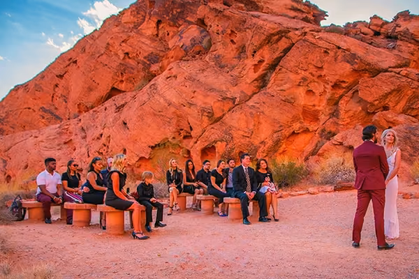 Six stone benches at the Valley of Fire Wedding Center