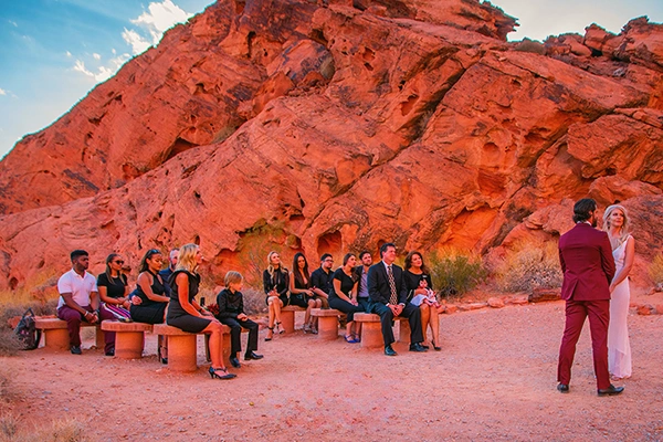 Six stone benches at the Valley of Fire Wedding Center
